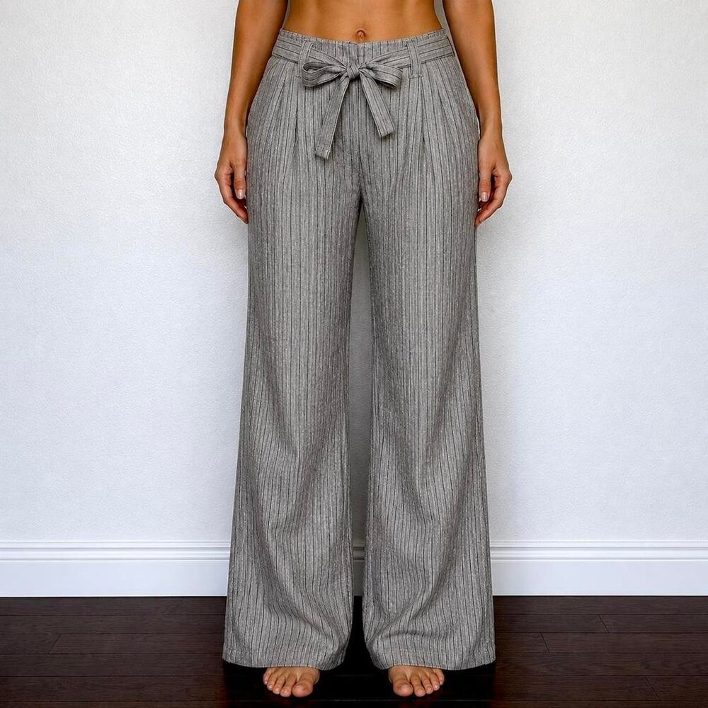 VTG BCBGMAXAZRIA 90s Linen Coastal Wide Leg Pinstripe Pants Quiet Luxury Size 6